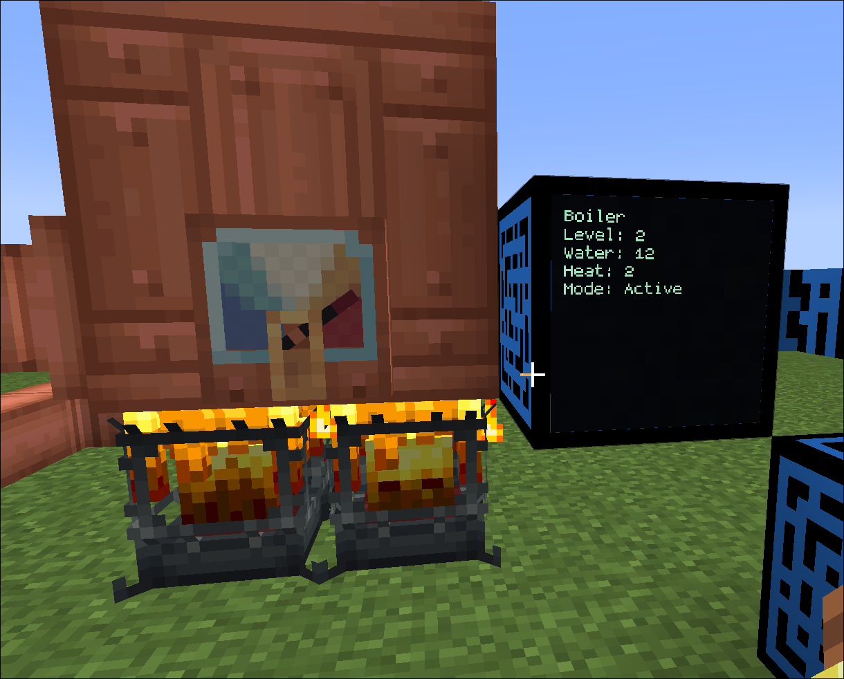 A Compukters text display showing live water, heat, and level readings beside a Create steam boiler